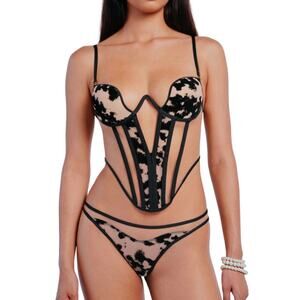 NEW Perilla Harlow One Corset Lingerie Black Flocked Velvet Mesh 34DD Sexy